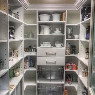 Large transitional kitchen pantry remodeling - Large transitional u-shaped dark wood floor and brown floor kitchen pantry photo in Miami with flat-panel cabinets and white cabinets