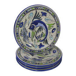 Le Souk Ceramique - Stoneware Dinner Plates, Set of 4, Aqua Fish Design - Dinner Plates