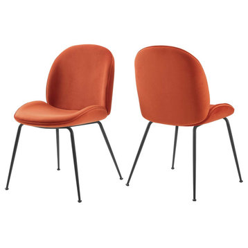 Scoop Black Powder Coated Leg Performance Velvet Dining Chairs Set of 2, Orange