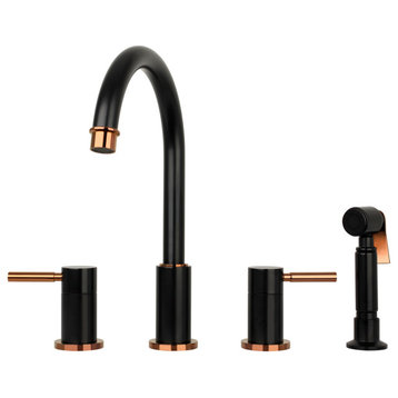 Two-Handles Copper Widespread Kitchen Faucet With Side Sprayer, Matte Black & Rose Gold