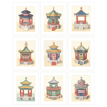 9-Piece Chinoiserie Pagoda Prints on Watercolor Paper