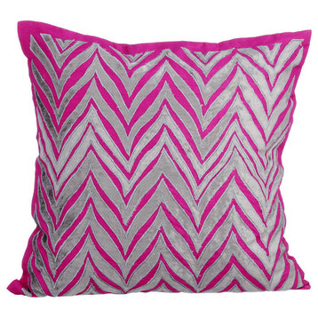 Pink Decorative Pillow Covers 14"x14" Silk, Chevron Fuchsia Glam