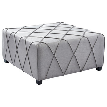Pisces Ottoman, Silver Linen With Piping Accents and Wood Legs