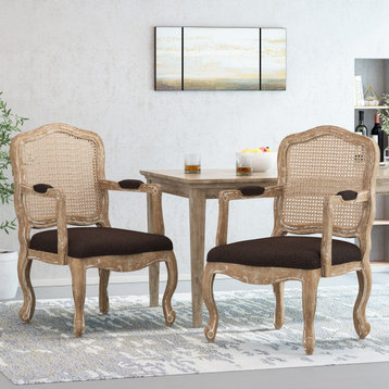 Biorn French Country Upholstered Dining Armchair, Brown + Natural, Set of 2
