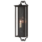 Currey & Company - 24" Giatti Small Outdoor Wall Sconce in Midnight - The small version of the Giatti Outdoor Wall Sconce is one of twelve fixtures in our Twelfth Street collection of outdoor lighting that features a Trilux finish, the next generation of high-performance, weather-resistant finishing technology brought to the market exclusively by Currey & Company. The coating provides three levels of protection, and is fade resistant, crack resistant and rust resistant. We guarantee the finishes applied to our Twelfth Street pieces for five years. The metal on this sconce in the collection has been treated to our midnight finish that surrounds seeded-glass panes that turn the illumination to a soft glow.  This light requires 1 , 60W Watt Bulbs (Not Included) UL Certified.