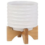 Sagebrook Home - Ceramic 7" Planter On Stand, White Stripe - Be proud of your garden by accesorizing all your favorite plants with this stylish white ceramic pot. The vessel is being held up by a wood stand ad has a ridged design in the exterior. There is no drainage hole, guranteed to not have a mess.