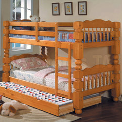 Benji Honey Oak Post Twin Bunk Bed with Trundle - Bunk Beds