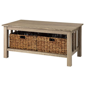 Classic Coffee Table, Rectangular Top & Shelf With 2 Wicker Baskets