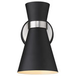 Z-Lite - Soriano One Light Wall Sconce, Matte Black / Brushed Nickel - A decorative silhouette shapes industrial influence that adds casual elegance to this matte black finish steel one-light wall sconce. Dress up a bathroom or hallway with this tasteful light trimmed with brushed nickel finish steel. This sconce works perfectly paired with an identical match in a side-by-side arrangement around a doorway or hallway entrance.
