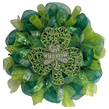 Happy St Patricks Day Glittering Shamrock Wreath Handmade Deco Mesh
