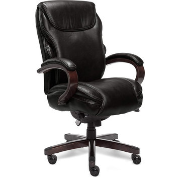 Modern Office Chair, Mahogany Wood Finished Frame & Bonded Leather Seat, Black