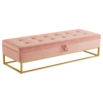 TATEUS Metal Base Bed Bench in Velvet Hidden Storage for Bedroom, Pink