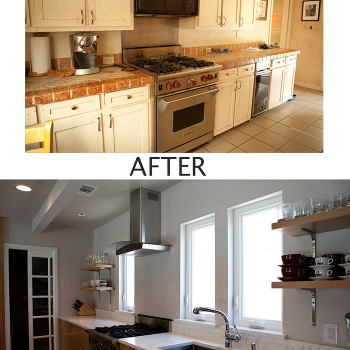 Before and After photos of a Lake Highlands transitional kitchen makeover into a Contemporary styled space with granite countertops, open modern shelf storage, beech cabinets, stainless appliances, an