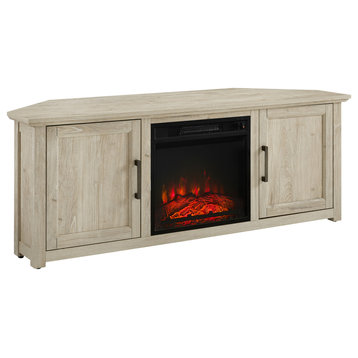 Crosley Camden 58" Rustic Corner TV Stand with Fireplace in Frosted Oak