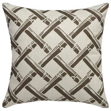 Bamboo Trellis Printed Linen Pillow With Feather-Down Insert, Brown