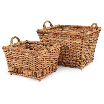 French Country Rattan Hearth Baskets Set of 2