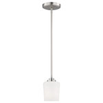 Generation Lighting - Windom Mini Pendant in Brushed Nickel - Windom blends traditional design aesthetics with a touch of contemporary appeal. Etched Opal glass sits atop the graceful curving arms giving this family its transitional style. Available in four finishes. The Sea Gull Collection Windom one light mini pendant in Brushed Nickel is the perfect way to achieve your desired fashion or functional needs in your home.  This light requires 1 , 75 Watt Bulbs (Not Included) UL Certified.