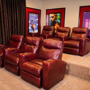 Home theater - small transitional open concept carpeted home theater idea in DC Metro with brown walls and a wall-mounted tv