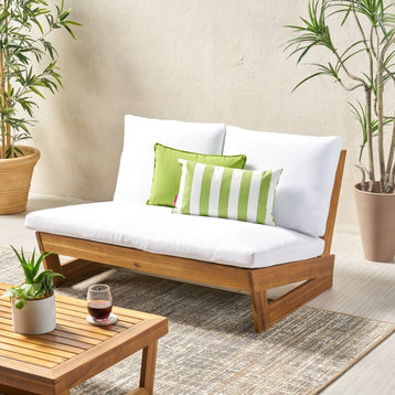 Kaitlyn Outdoor Acacia Wood Loveseat with Cushions, Teak Finish/White