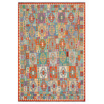 Bareens Designer Rugs - Tribal Turkish Kilim Leslie Hand-Woven Wool Rug - 8'4'' x 9'9'' - Elevate the elegance of your home with this stunning hand-woven tribal Kilim wool rug. Meticulously crafted on a loom by the Nomad Turkman people using hand-spun wool and 100% natural vegetable dyes, these rugs are recognized for their repetitive geometric patterns, incorporating naturalistic floral and traditional designs. The contemporary fashion palette results in bold, sharp patterns that are incredibly versatile, as the pattern is the same on both sides. These reversible rugs feature a lighter shade on one side and brighter colors on the other, providing versatility according to preference. These unique rugs are made by knotting short strands of different colors onto the warps and securing them by tightly pressing the wefts. The designs are created by interweaving the various colored wefts and warps. Kilims are known for their exceptional durability and versatility, making them truly unique rugs.  Product Details    Rug Size: 8'4'' x 9'9''  Material: 100% Wool  Style: Kilim, Flat Weave, Dhurrie, Turkish, Southwestern, Rustic, Tribal  Colors: Blue, Rust  Weave Type: Hand-Woven, Handmade  Pile Height: Less than 0.25 inch