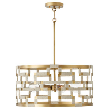 Hala Four Light Pendant, Bleached Natural Jute and Patinaed Brass