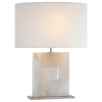 Ashlar Medium Table Lamp in Alabaster and Polished Nickel with Linen Shade