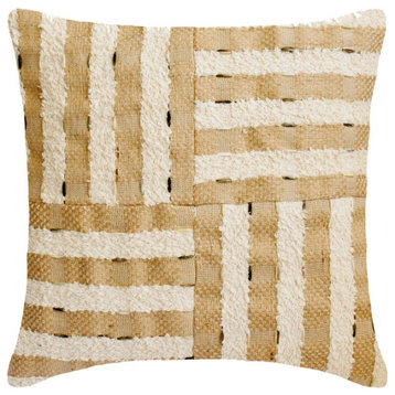 Beige Jute Boucle Embroidery & Moroccan 24"x24" Throw Pillow Case - Jute Matrix