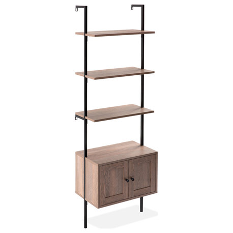 Industrial 4-Shelf Wood Wall-Mounted Open Ladder Bookcase, Cabinet, Metal Frame