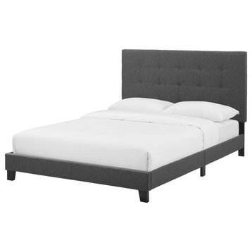 Contemporary Modern Bedroom Full Size Platform Bed Frame, Fabric, Grey Gray