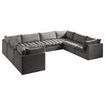 Meridian Furniture - Jacob Velvet Upholstered 8-Piece U-Shaped Modular Sectional, Grey - Create the ideal seating arrangement for your space when you pick and choose the elements you like mostincluding this Jacob velvet modular sectional. Mix and match items in the Jacob collection to bring your living space or family room together with a personalized slant. Soft grey velvet upholstery is soft and welcoming to the touch, adding a luxurious feel to everyday seating. Deep channel tufting adds to the piece's durability, and latches underneath the unit make it easy to attach to other pieces in the collection.