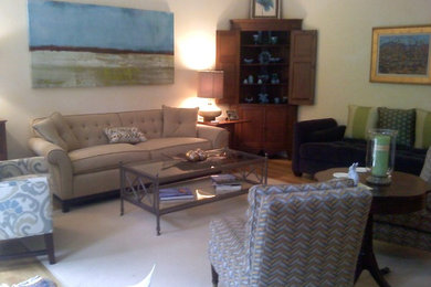 Living room - mid-sized traditional formal and open concept carpeted and white floor living room idea in Richmond with white walls, no fireplace and no tv