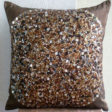 Brown Sequins 18"x18" Silk Pillow Covers, Brown Eye Sparkle
