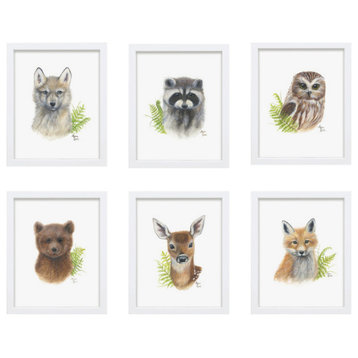 "Woodland Littles 2" Set of Six Framed Prints White, 16x20