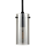 Linea di Liara - Effimero 1-Light Stem Hung Pendant Lamp, Black With Smoke Glass - The Effimero small modern glass hanging pendant light fixture makes a dramatic design statement. The industrial farmhouse light design features a  polished smoked glass cylinder shade which provides maximum illumination. The adjustable height Effimero hanging ceiling light blends with many decor styles and is perfect as pendant lighting for kitchen island, over kitchen tables and counters, as a dining rooms light or hallway or  bathroom lighting.
