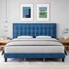 Contemporary Platform Bed, Button Tufted Adjustable Headboard, Blue/Full