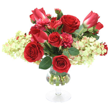 Waterlook® Red Roses, Tulips and Dahlias with Cream Green Hydrangeas