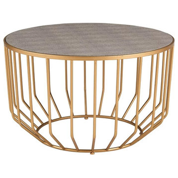 Set of 2, Coffee Table, Open Cage Base With Round Faux Leather Top, Gray/Gold