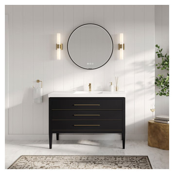 Celios Bathroom Vanity, Single Sink, 48", Black with Brass Trim, Freestanding