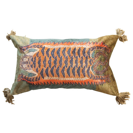 Cotton Velvet Tiger Lumbar Pillow With Tassels, Multicolor