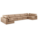 Meridian Furniture - Comfy Upholstered U-Shaped Modular Sectional, Tan, 7-Piece: 5 Armless Chair, 2 Corner Chair, Vegan Leather - Give your space a whole new look with this tan Comfy vegan leather sectional. This handsome sectional fits nicely with other items in the Comfy collection and is a versatile seating option designed for adaptability, comfort and style. Wrapped in rich tan durable vegan leathered upholstery, this sectional offers a plush embrace of overstuffed down feather cushions, carefully crafted to deliver the highest level of comfort. The perfect seat for creating an oasis for relaxation, this sectional has thick foam surrounding its frame for added support and coziness.