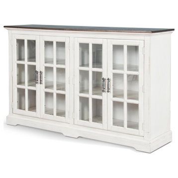 69" White Wood Buffet Server With Windowpane Glass Doors Curio Cabinet
