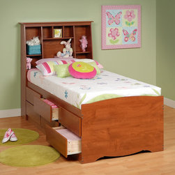 Prepac Cherry Tall Twin Platform Storage Bed with Bookcase Headboard - Kids Beds