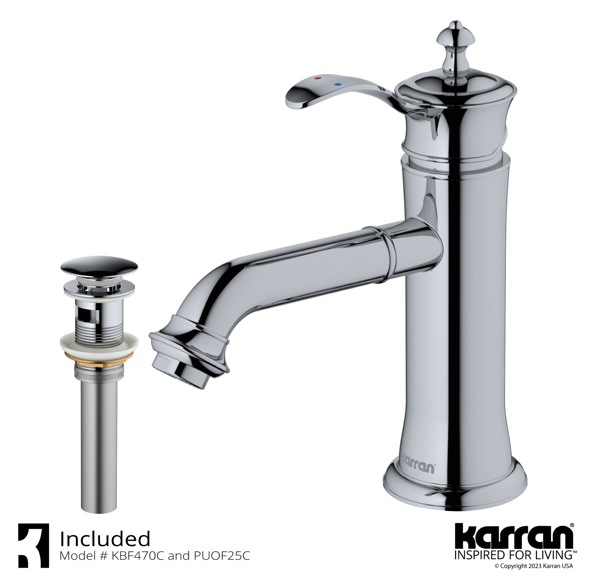 Karran 1-Handle 1-Hole Bathroom Faucet With Pop-up Drain, Chrome