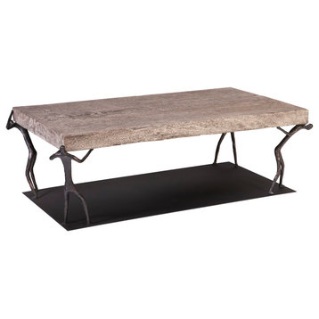 Atlas Coffee Table, Chamcha Wood, Grey Stone Finish, Metal
