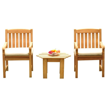 3 PC Outdoor Patio Teak Dining Set: 27.5" Adirondack Side Tbl+2 Devon Arm Chairs