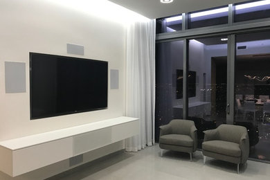 Inspiration for a large modern living room remodel in Miami with white walls and a media wall