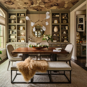 Stunning Dining Room with Wallpapered Ceiling and Painted Built-In Shelves