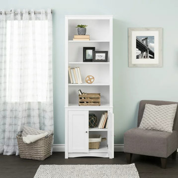 Tall Classic Bookcase, Open Shelves & Lower Cabinet With Pull Handles, White