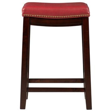 Linon Claridge Backless Counter Stool Red Faux Leather Wood Frame in Dark Brown