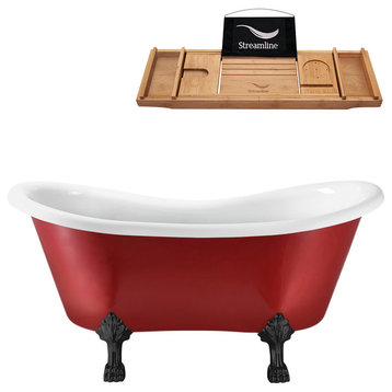 62" Red Clawfoot Tub and Tray, Black Feet, Chrome Internal Drain